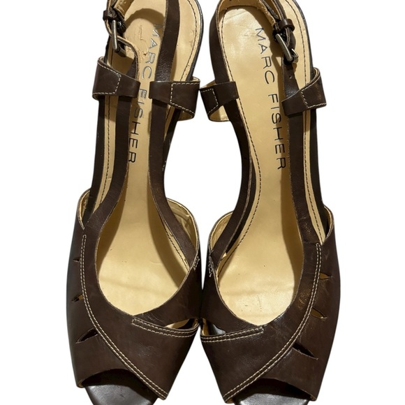 Marc Fisher Women’s 8.5 Brown Leather Cork Platform Slingback Heels Shoes - Picture 5 of 12